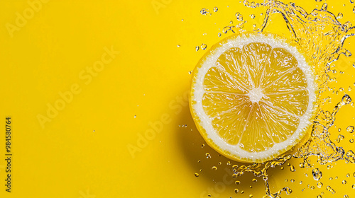 Fresh lemon slice splashing into clear liquid on vibrant yellow background