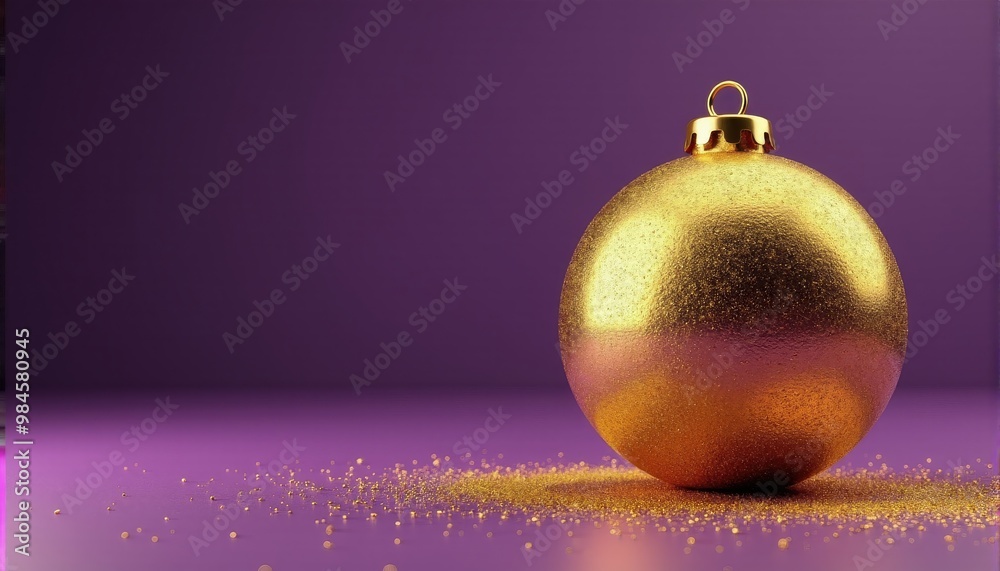 A gold ornament with New Year’s baubles, surrounded by shimmering gold glitters, set against a purple background with sparkling gold stars A gold ornament with New Year’s baubles, surrounded by shimmering gold glitters, set against a purple background with sparkling gold stars