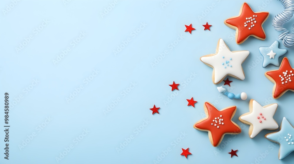 Festive Star-Shaped Cookies for National Dessert Day - Colorful 3D Render of Red White and Blue Iced Pastries with Fireworks Decor Celebrating Americana Spirit Festive Star-Shaped Cookies for National Dessert Day - Colorful 3D Render of Red White and Blue Iced Pastries with Fireworks Decor Celebrating Americana Spirit