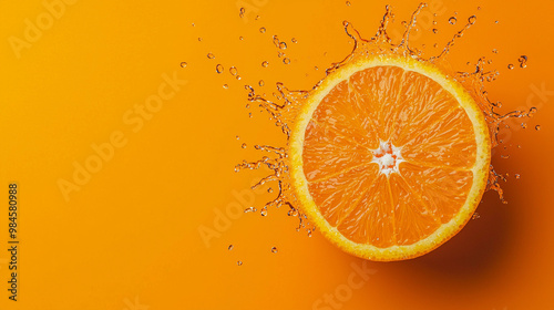 Fresh orange slice splashing into clear liquid, creating vibrant droplets