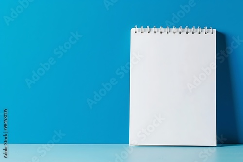 Blank notebook on blue background with copy space for your text.