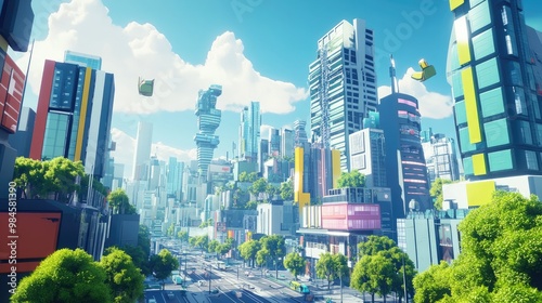 Wallpaper Mural A vibrant 3D cartoon city with futuristic architecture, eco-friendly skyscrapers, and a bustling downtown area filled with life and movement Torontodigital.ca