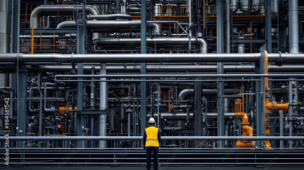 A lone worker in a safety vest stands in front of a complex industrial pipe system. A lone worker in a safety vest stands in front of a complex industrial pipe system.