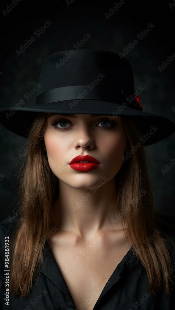 Mysterious woman with red lips hiding behind a black hat, against a dark background. Mysterious woman with red lips hiding behind a black hat, against a dark background.
