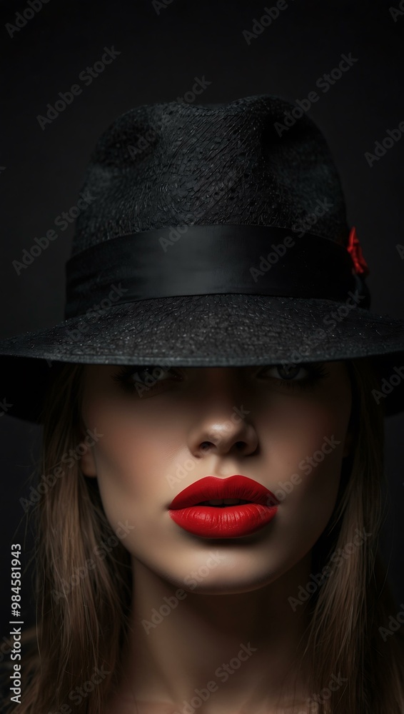Mysterious woman with red lips hiding behind a black hat, against a dark background. Mysterious woman with red lips hiding behind a black hat, against a dark background.
