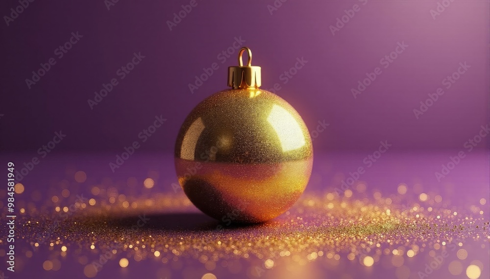 A gold ornament with New Year’s baubles, surrounded by shimmering gold glitters, set against a purple background with sparkling gold stars A gold ornament with New Year’s baubles, surrounded by shimmering gold glitters, set against a purple background with sparkling gold stars