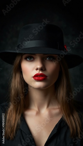 Mysterious woman with red lips hiding behind a black hat, against a dark background.