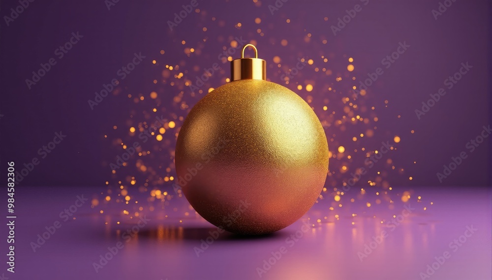 A gold ornament with New Year’s baubles, surrounded by shimmering gold glitters, set against a purple background with sparkling gold stars A gold ornament with New Year’s baubles, surrounded by shimmering gold glitters, set against a purple background with sparkling gold stars