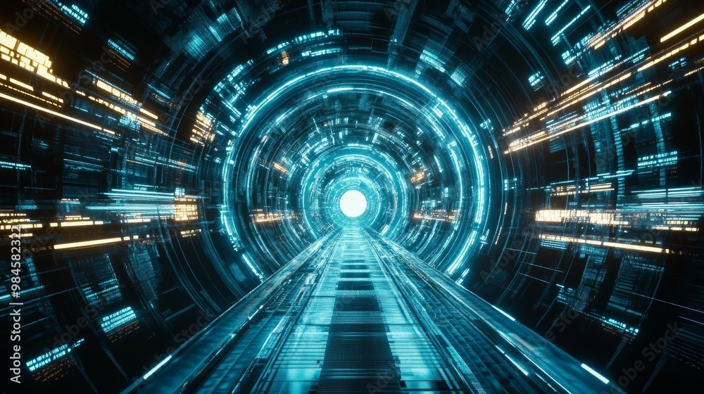 Futuristic digital tunnel with glowing lights and a vanishing point suggesting fast technology data transfer Futuristic digital tunnel with glowing lights and a vanishing point suggesting fast technology data transfer