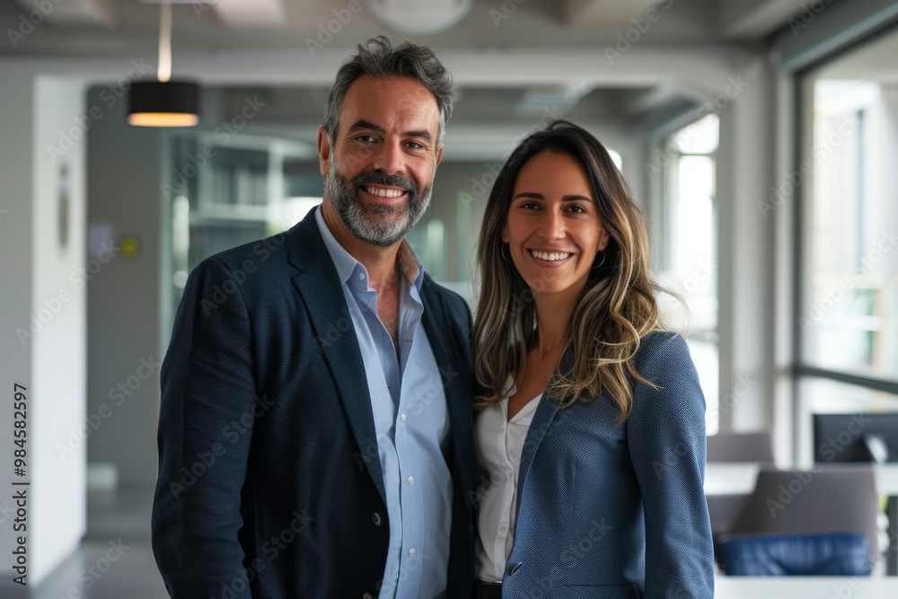 Portrait of a business man and woman smiling in modern office, standing together. Portrait of a business man and woman smiling in modern office, standing together.