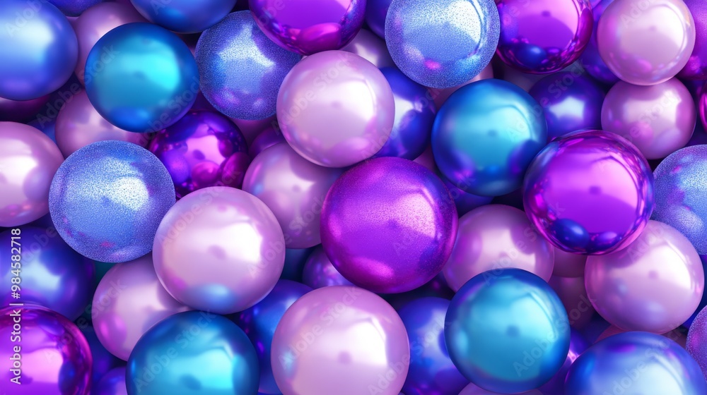Colorful shiny Christmas baubles in various shades of purple, blue, and pink with a metallic texture in a festive display Colorful shiny Christmas baubles in various shades of purple, blue, and pink with a metallic texture in a festive display
