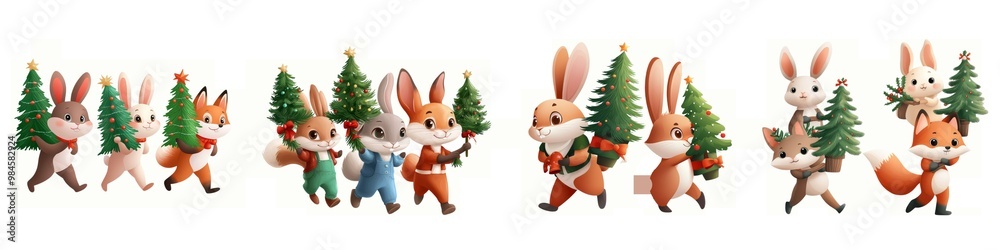 A group of adorable cartoon animals carrying trees, perfect for holiday themes and children's illustrations. A group of adorable cartoon animals carrying trees, perfect for holiday themes and children's illustrations.
