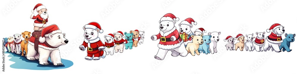 A whimsical illustration of polar bears and dogs in Santa hats, celebrating the joyful spirit of Christmas. A whimsical illustration of polar bears and dogs in Santa hats, celebrating the joyful spirit of Christmas.