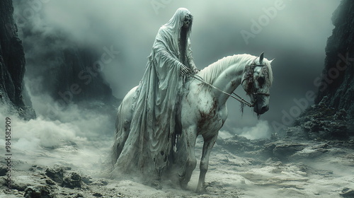 Skeletal figure in rotting robe riding an emaciated white horse photo