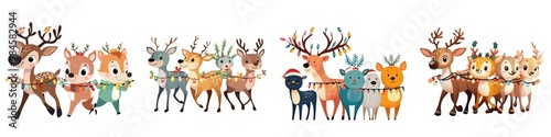 A playful illustration of cute reindeer in festive attire, perfect for holiday-themed designs and cheerful decorations.