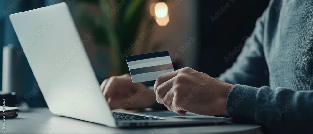 A person using a laptop with a credit card, likely for online shopping or banking.