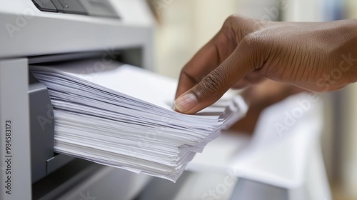 A hand retrieving printed papers from a printer.
