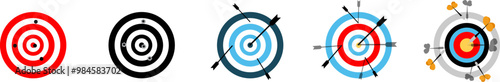 Archery or dart shooting targets with dart arrow or bullet realistic illustration isolated on white background. Set of targets with arrow or dart. Achieving the goal concept. Vector