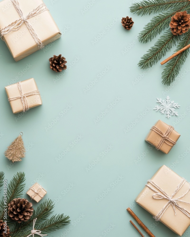 A cozy arrangement of wrapped gifts and pine branches on a soft blue background, perfect for holiday celebrations. A cozy arrangement of wrapped gifts and pine branches on a soft blue background, perfect for holiday celebrations.