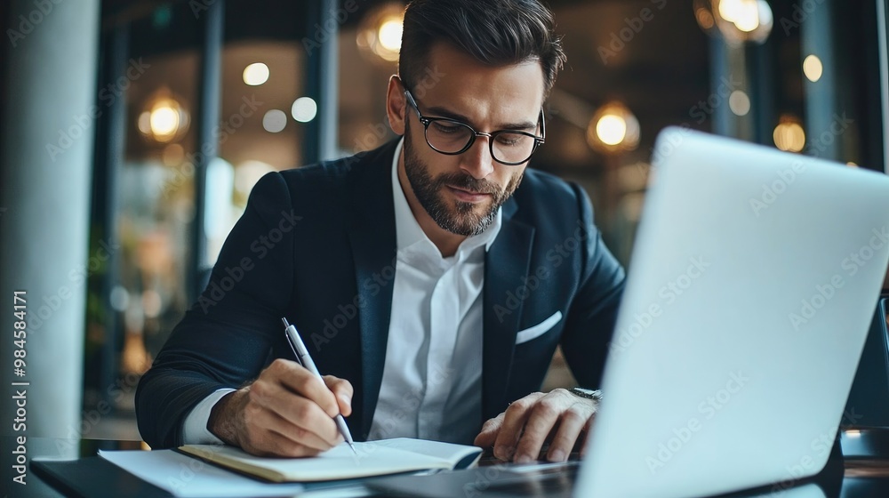 Portrait of a confident entrepreneur sitting at a sleek desk, writing in a notebook while managing online transactions on their computer, capturing the essence of commercial business Portrait of a confident entrepreneur sitting at a sleek desk, writing in a notebook while managing online transactions on their computer, capturing the essence of commercial business