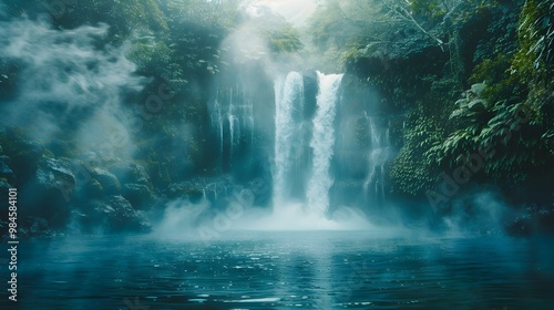 Enchanting Waterfall Cascading Amidst Lush Tropical Foliage and Ethereal White Mist