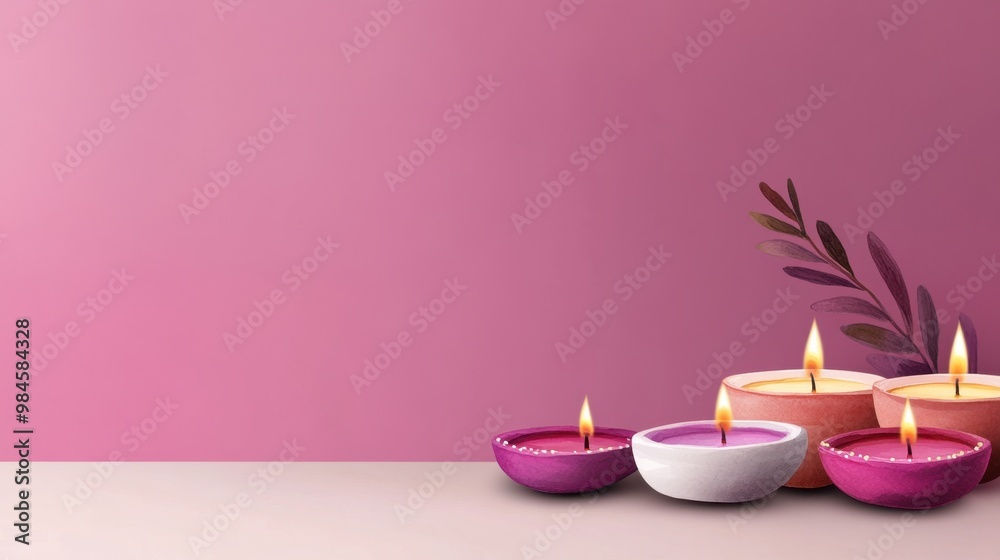 Colorful candles set against a pink backdrop create a calming atmosphere perfect for relaxation and decor. Colorful candles set against a pink backdrop create a calming atmosphere perfect for relaxation and decor.