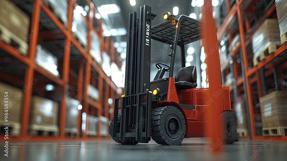 Red Forklift in a Warehouse with Orange Shelving