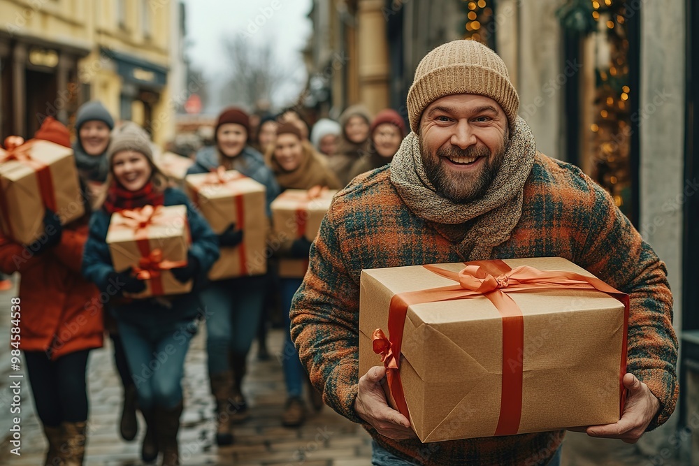 A man runs home with gifts during discounts and sales on Black Friday A man runs home with gifts during discounts and sales on Black Friday