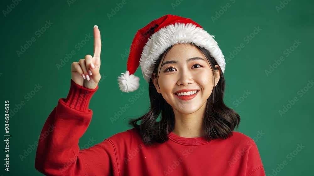 A young Asian woman, ideal for holiday advertisements, is smiling and pointing to a green screen background while wearing a red sweatshirt and a Santa hat. A young Asian woman, ideal for holiday advertisements, is smiling and pointing to a green screen background while wearing a red sweatshirt and a Santa hat.