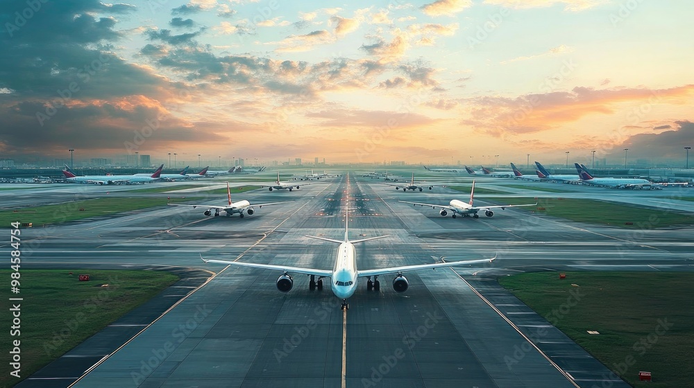 Fototapeta premium A busy airport runway with multiple airplanes taxiing and taking off, capturing the fast-paced world of global travel