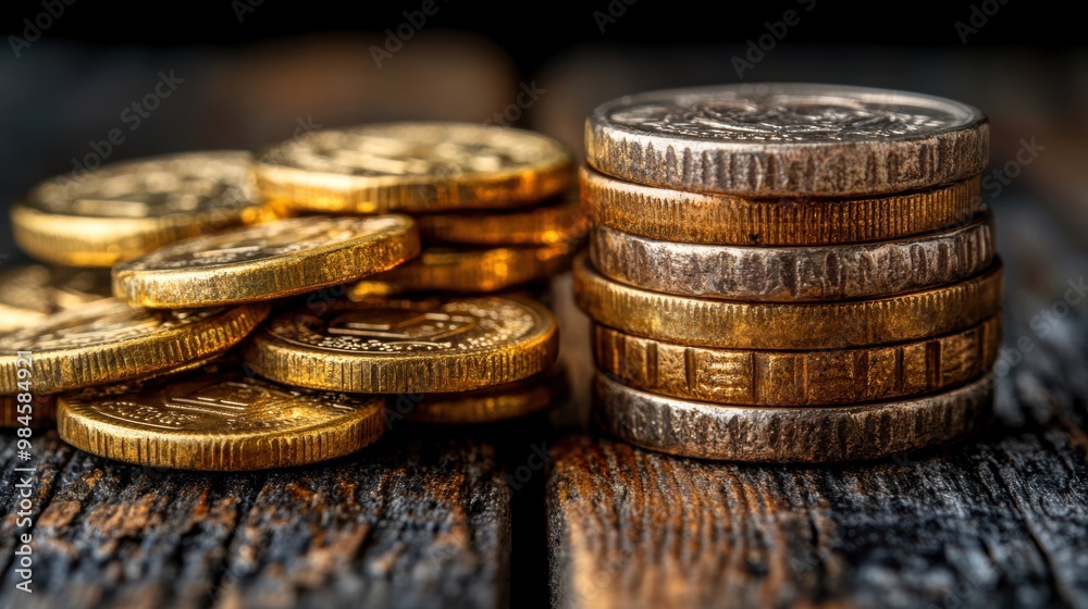 A close-up view of neatly stacked gold and silver coins on a weathered wooden surface, emphasizing the detailed textures and colors of the currency A close-up view of neatly stacked gold and silver coins on a weathered wooden surface, emphasizing the detailed textures and colors of the currency