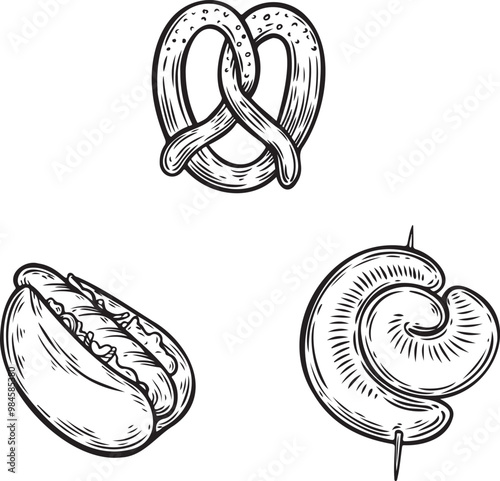 German street food, bratwurst, pretzel, hotdog line drawing vector illustration.