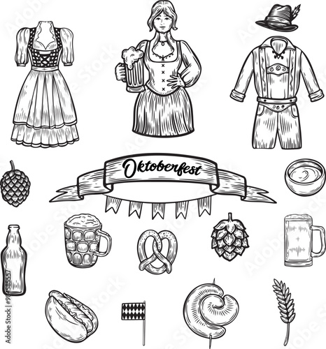 Oktoberfest food and people line drawing collection isolated on white background.