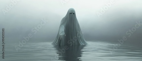 A ghostly figure emerges from foggy water, reaching out with an eerie presence.