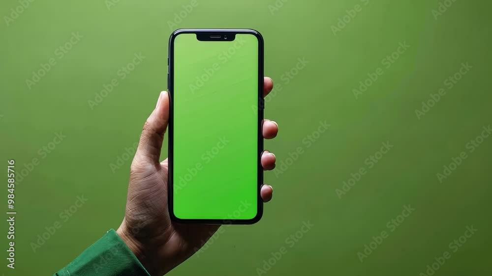 A hand holds up a vertical smartphone with a green screen, ready for design and mockup work against a green backdrop. A hand holds up a vertical smartphone with a green screen, ready for design and mockup work against a green backdrop.