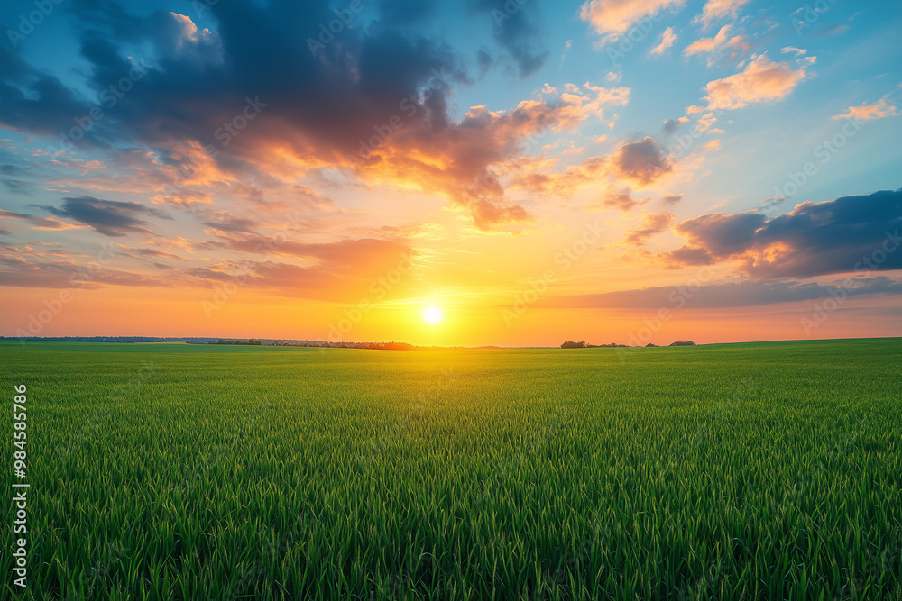 green agriculture field with the sunset in the horizon green agriculture field with the sunset in the horizon