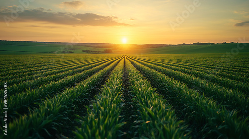 green agriculture field with the sunset in the horizon