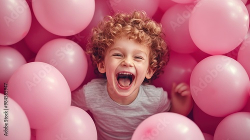 A joyful child surrounded by pink balloons, expressing happiness and playfulness.