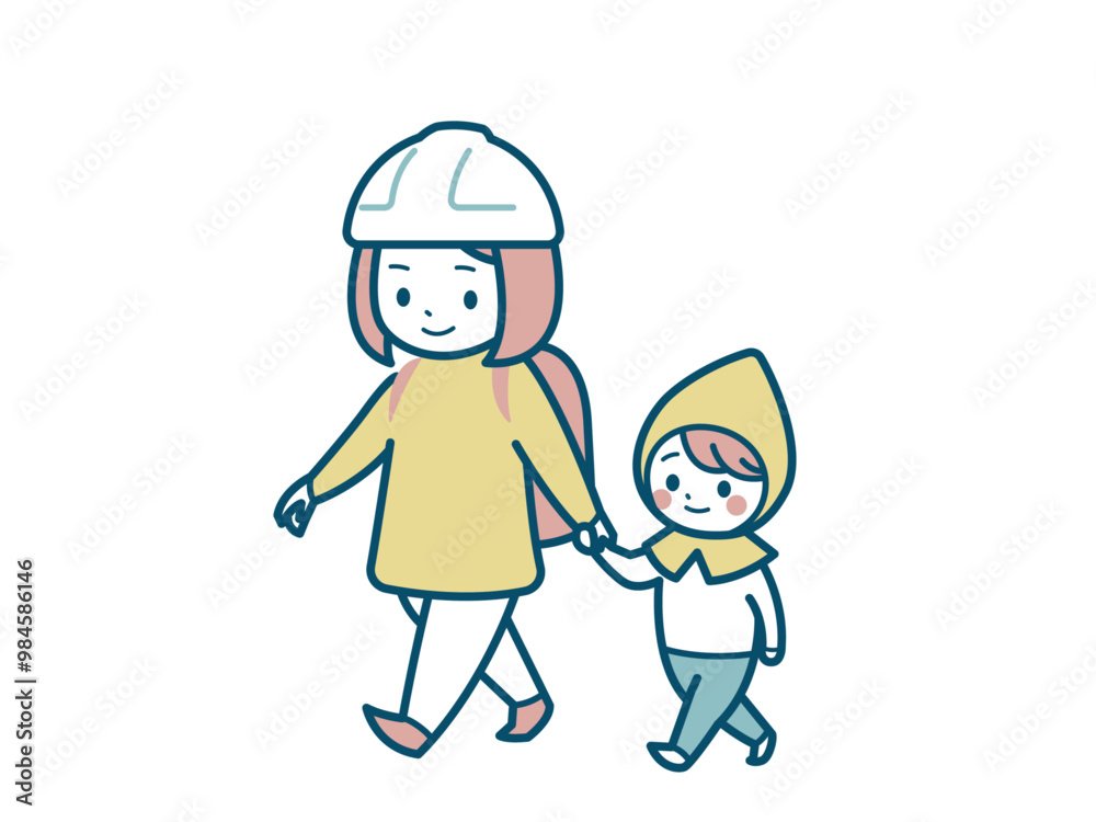 避難するお母さんと子供のイラスト 避難するお母さんと子供のイラスト
