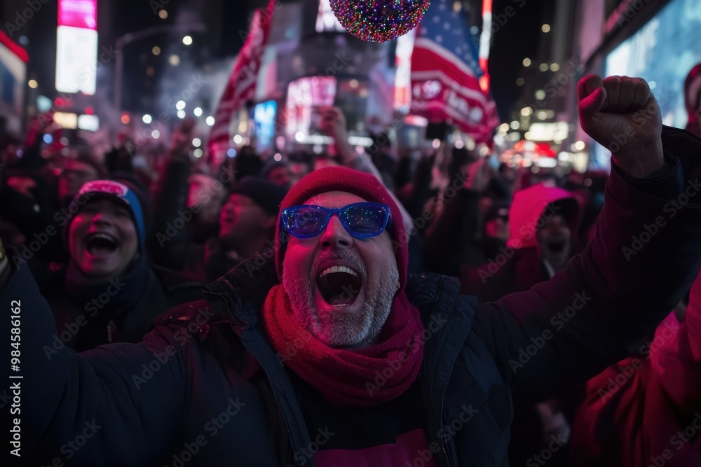 A large crowd of people are celebrating at night in an urban setting, raising their arms in excitement, with flags and lights shimmering in the background. A large crowd of people are celebrating at night in an urban setting, raising their arms in excitement, with flags and lights shimmering in the background.