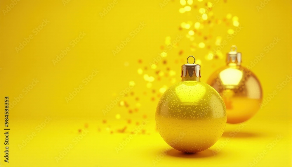 A yellow ornament with New Year’s baubles, surrounded by shimmering gold glitters, set against a yellow background with sparkling gold stars A yellow ornament with New Year’s baubles, surrounded by shimmering gold glitters, set against a yellow background with sparkling gold stars