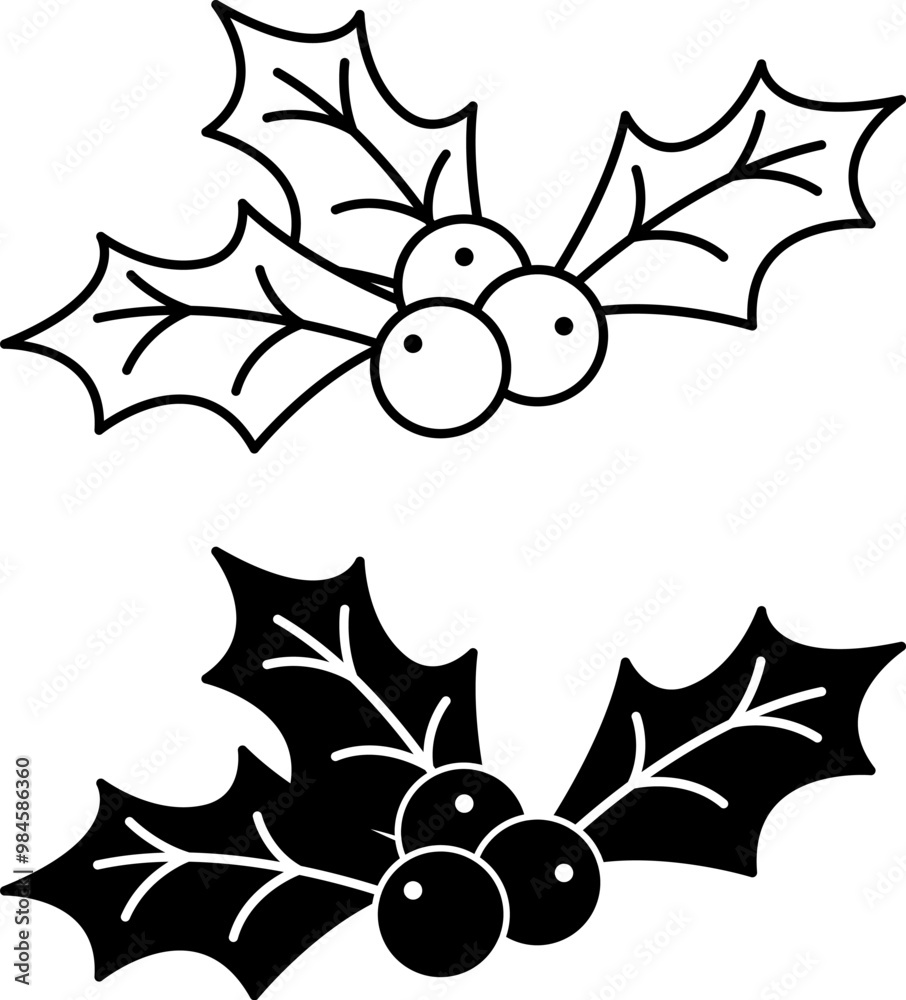 Holly Icons. Black and White Vector Icons. Berries and Leaves. Decoration for Christmas Parties Holly Icons. Black and White Vector Icons. Berries and Leaves. Decoration for Christmas Parties