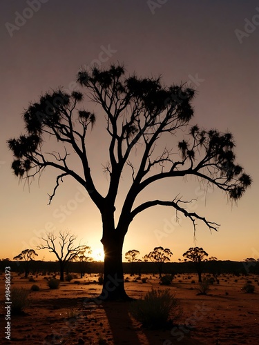 Outback Australia silhouette with red sandy desert and gum trees.