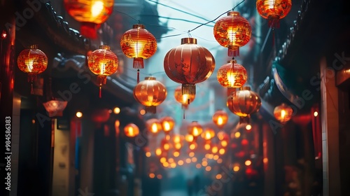 Colorful Chinese New Year Lanterns Decorating a Lively Street Scene