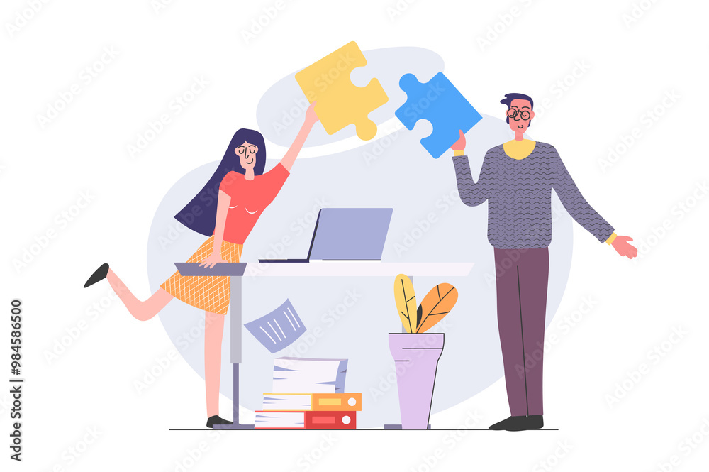 custom made wallpaper toronto digitalTeamwork concept in modern flat design for web. Man and woman cooperating and brainstorming in office, connecting puzzle project pieces, doing challenges and support partners. Illustration.