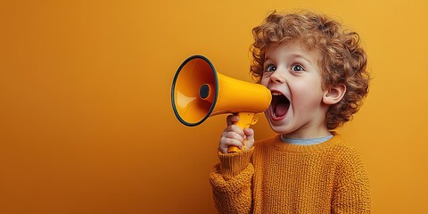 child screaming megaphone looks up on bright yellow background