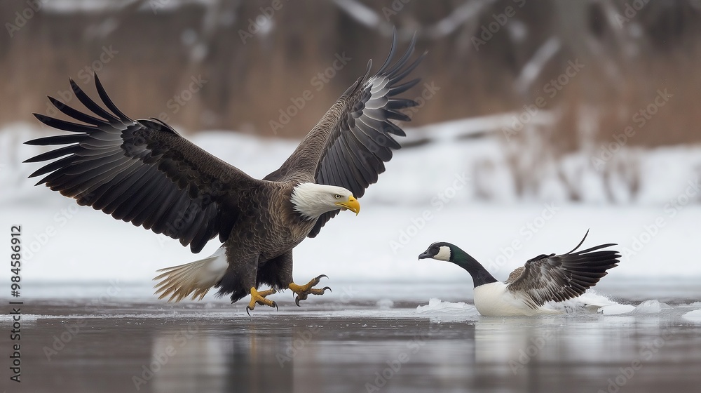 Obraz premium American bald eagle preparing to snag a goose 