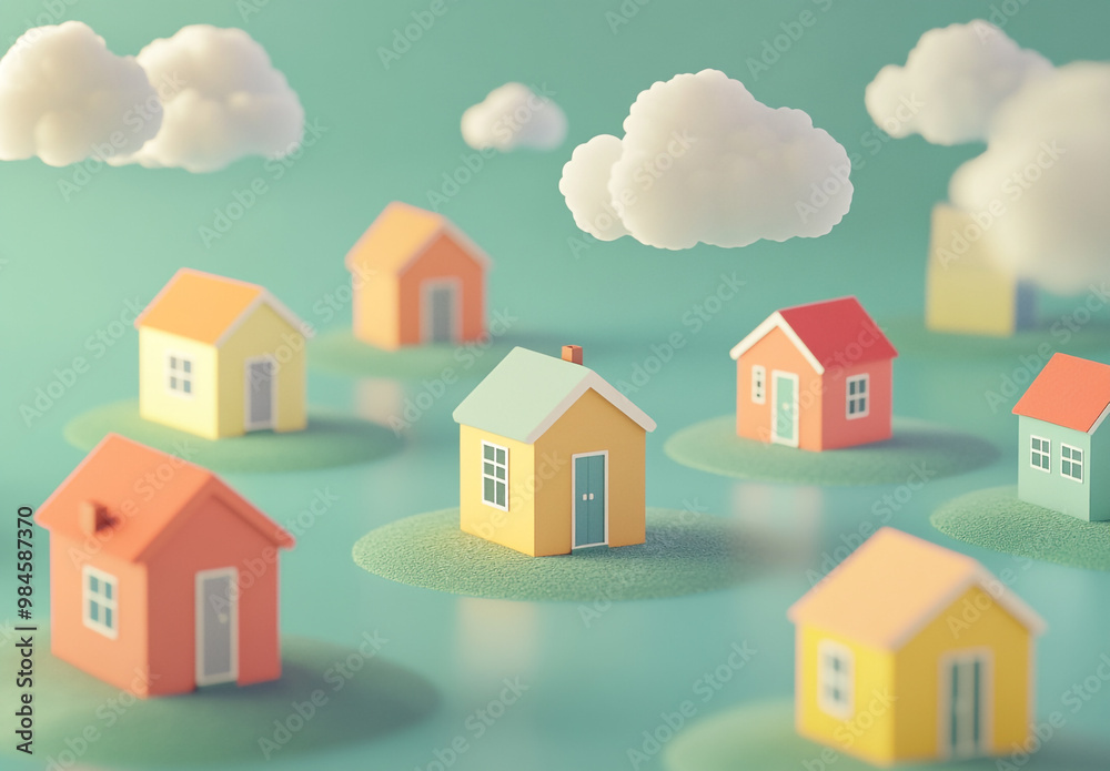 A group of houses with clouds, a green background, 3D rendering, in a cartoon style. A group of houses with clouds, a green background, 3D rendering, in a cartoon style.