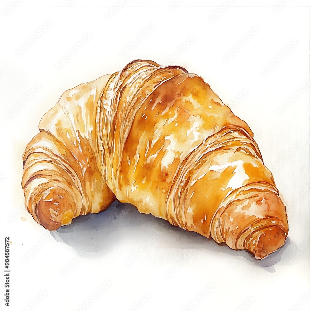 A watercolor painting of a golden brown croissant. A watercolor painting of a golden brown croissant.