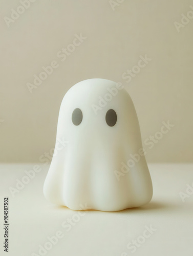 Cute minimalist halloween white Ghost, pastel color on a white pastel background 